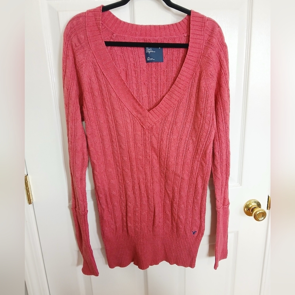 American Eagle Y2K V Neck Cable Knit Sweater Preppy Academia Cotton Large Casual - Picture 2 of 9